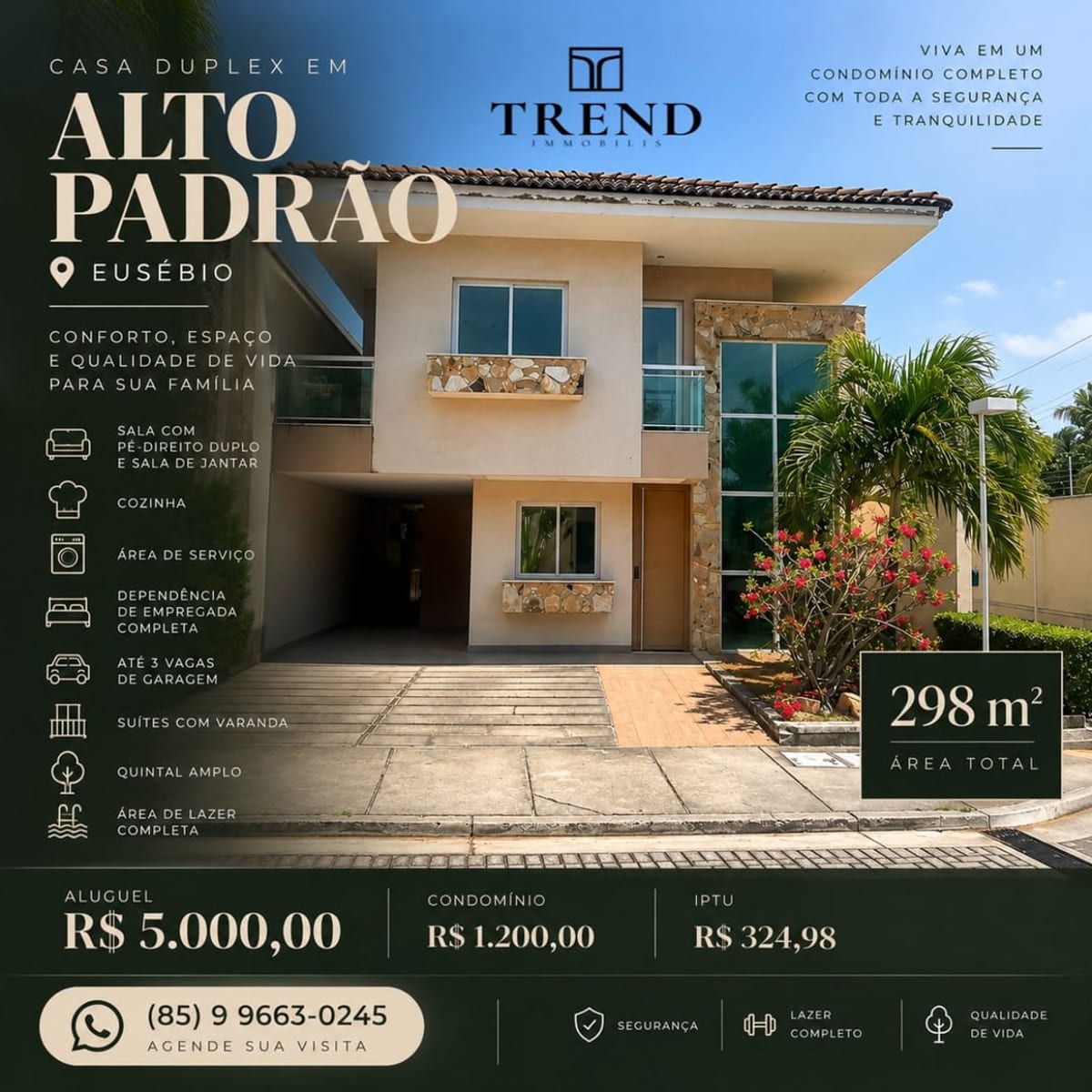 Casa duplex de alto padrão com pé-direito duplo no Eusébio